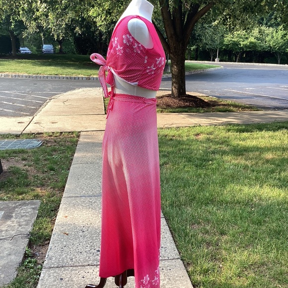 Handmade two piece swim beach dress pink polka dot and tropical flowers one size - Picture 4 of 9